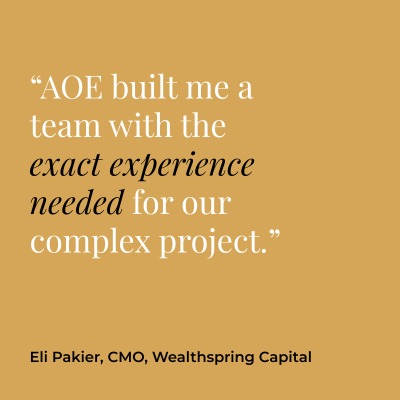 “AOE built me a team with the exact experience needed for our complex project.” Eli Pakier, CMO, Wealthspring Capital